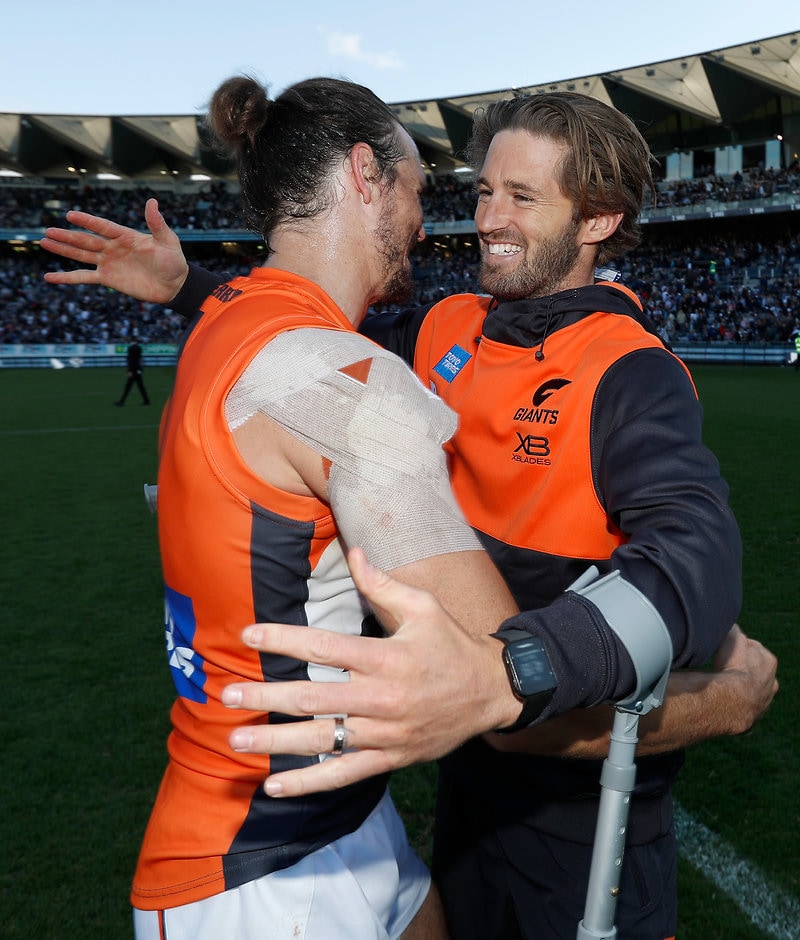 AFL 2019 Round 04 - Geelong v GWS GEELONG, AUSTRALIA - APRIL 13: Phil Davis of the Giants and Callan Ward of the Giants celebrate during the 2019 AFL round 04 match between the Geelong Cats and the GWS Giants at GMHBA Stadium on April 13, 2019 in Geelong, Australia. (Photo by Michael Willson/AFL Photos)